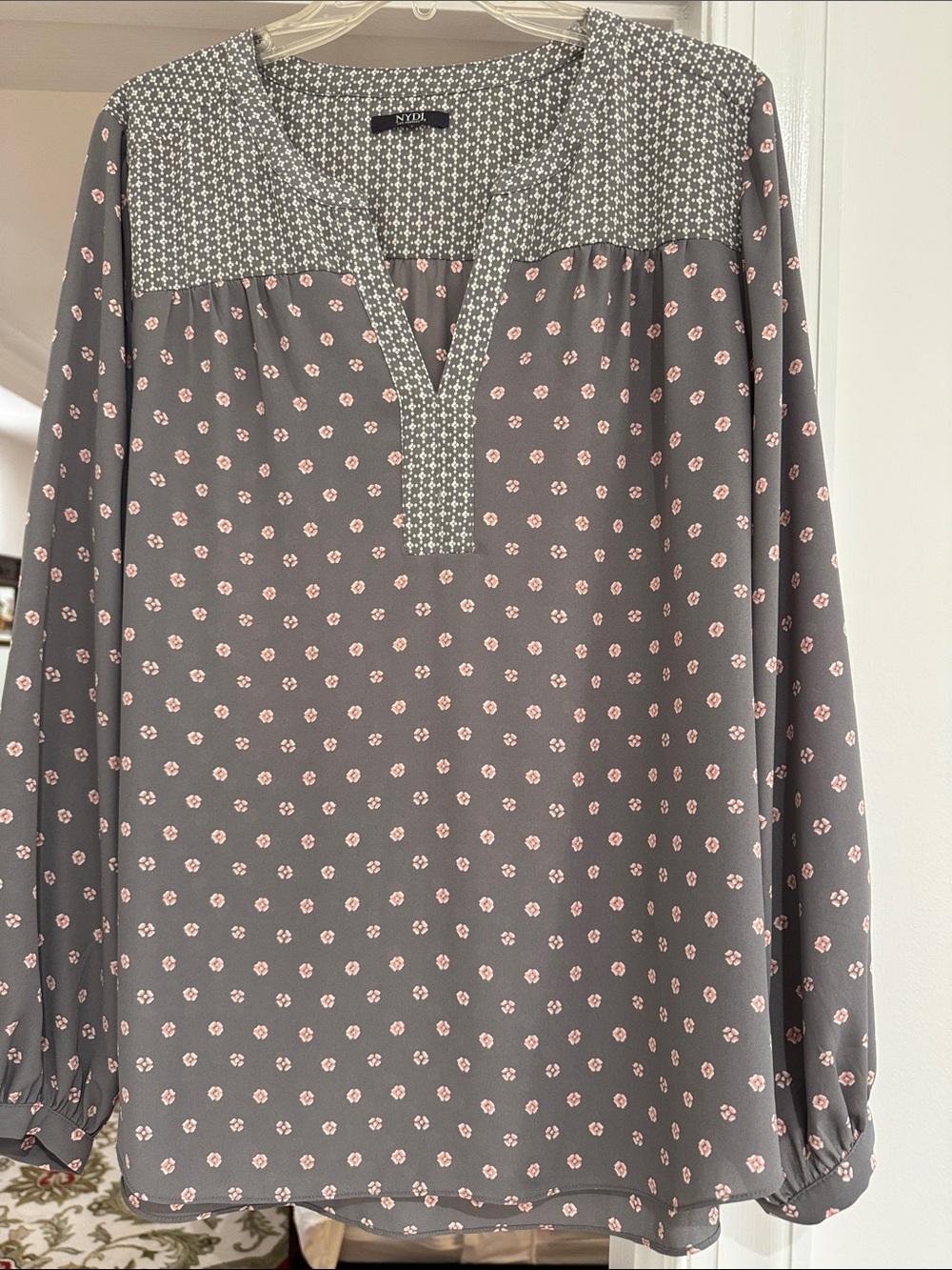 NYDJ Gray Tunic Blouse with Pink Floral Dot Print